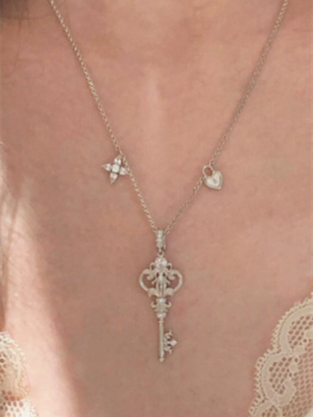 Vintage Key Heart Star Charm Necklace Dainty CZ Crystal Pendant